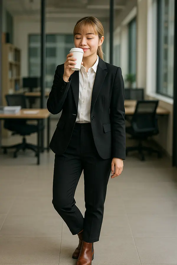 Female employee taking a short, mindful coffee break at her office desk as a practical recovery exercise to prevent burnout and recharge mental energy during the workday