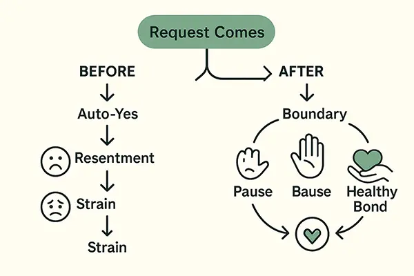Flowchart of before and after boundary-setting in relationships affected by people-pleasing fatigue