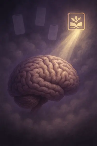 Foggy brain under doomscrolling clouds, light beam reclaiming clarity visual metaphor for mental reset.