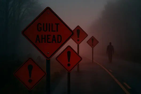 Foggy road with red flags warning of deeper people-pleasing issues leading to emotional exhaustion