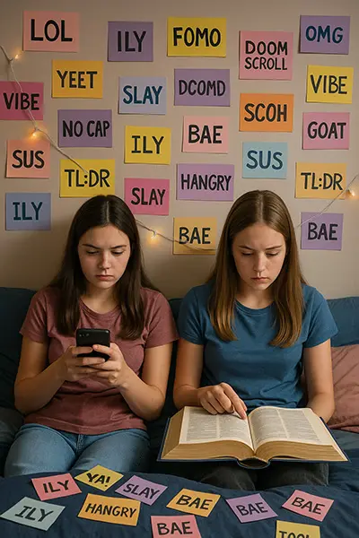 Teenage girl addicted to watching news on her phone in bedroom filled with slang posters (LOL, FOMO, Doomscroll). Friend searches dictionary, symbolizing the quest for meaning in endless information consumption.