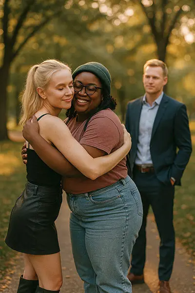 Friends embrace, showing how connection heals sensitivity shame.