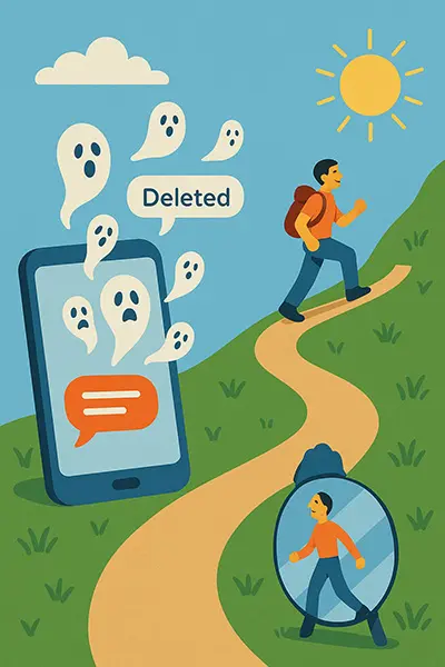 From deleting texts to self-acceptance: visual story of overcoming validation needs through personal growth.