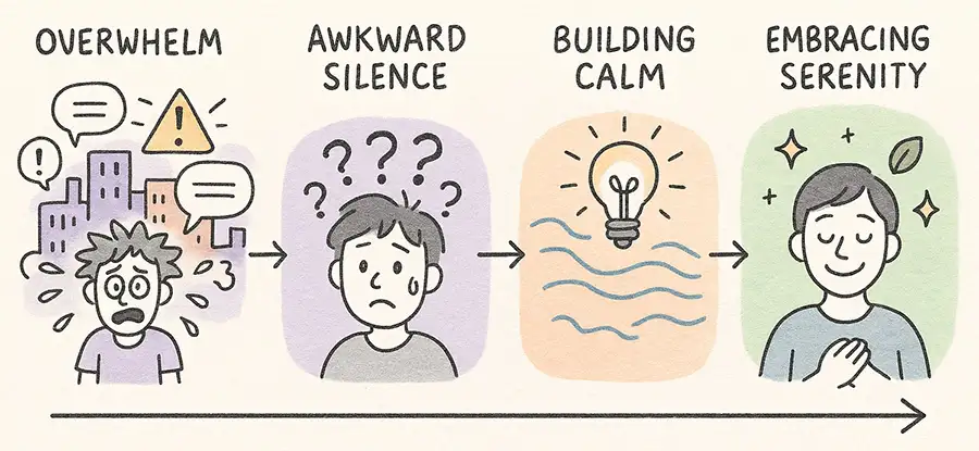 From noisy chaos to peaceful quiet: A fun timeline spotting digital overload signs and steps to calm recovery for better mental clarity.
