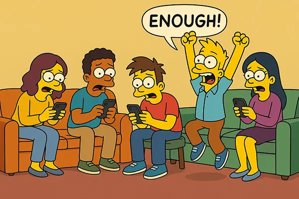Gen Z crew doomscrolling on couches in Simpsons vibe, one leaping free from the habit cycle