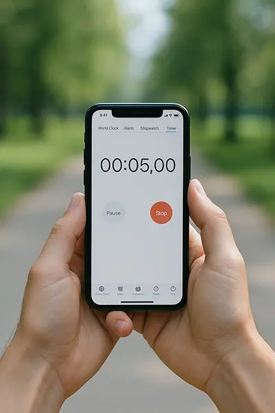Hands setting timer on phone to stop doomscrolling, with park blur hinting at healthier habits ahead