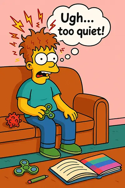  Hating silence and ADHD? Simpsons vibe on neuro links and adapted calm exercises.