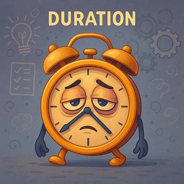 How long self-help burnout lasts: tired clock in Pixar style, visualizing recovery time from growth exhaustion.