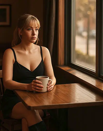 I reflects quietly at a café, holding a coffee cup, as soft sunlight highlights their thoughtful expression capturing the loneliness of outgrowing loved