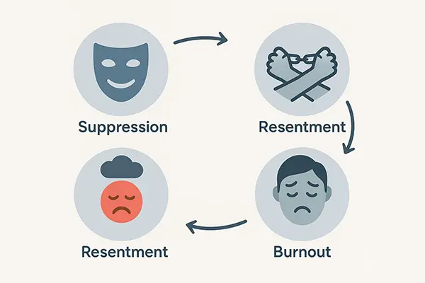 Visual breakdown of emotional exhaustion cycle with icons for suppression, resentment, and burnout.