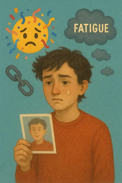 Icons of grief signs like sadness in progress, spotting emotional clues in letting go of past selves