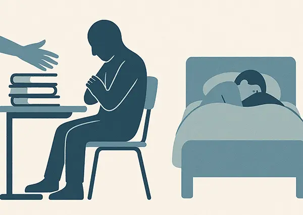 Icons of school and depression scenarios real-life stories of fearing to ask for help as a burden.