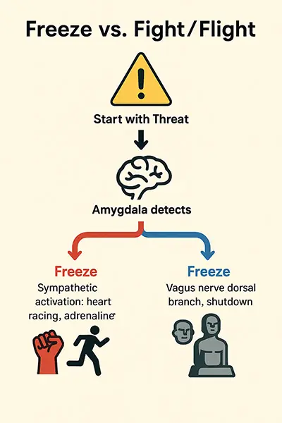 Infographic: Freeze vs. Fight/Flight |quick schematic of pathways (amygdala ↔ vagus)