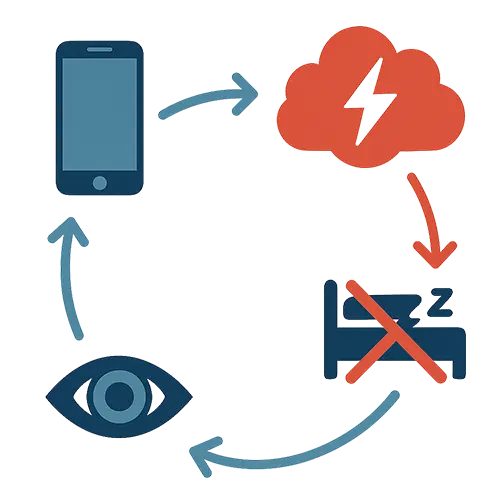 Infographic cycle of doomscrolling impacts: cortisol clouds, broken sleep beds, vigilant eyes in nervous system loop