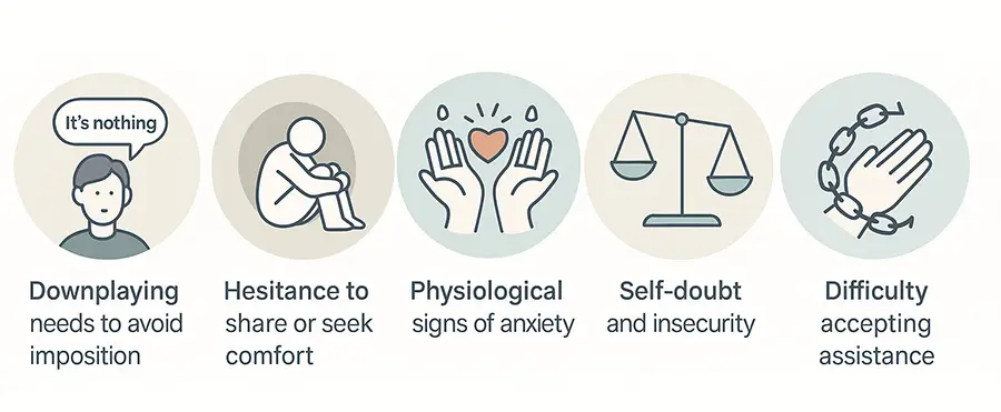 Infographic of 5 signs of fearing being a burden, with icons for easy recognition why am I scared to ask for help?