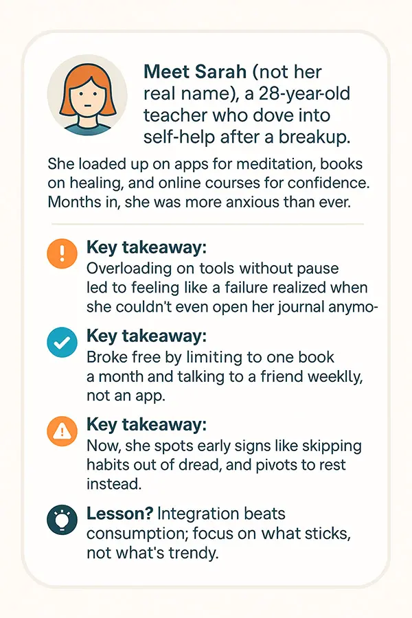 Infographic showing Sarah’s story: self-help overload, early burnout signs, and key takeaways on focusing, integrating habits, and avoiding overwhelm