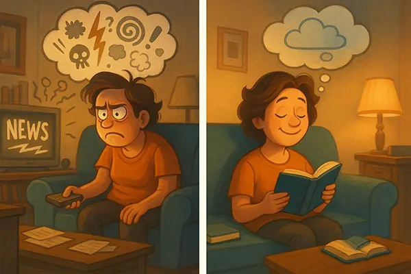Journey from noisy habits to quiet peace Pixar style before-after on retraining silence after podcasts overload.