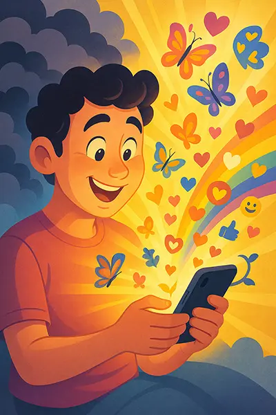 Joyful scrolling breaking free from doom clouds, with butterflies and sunshine bursting from phone screen in happy contrast