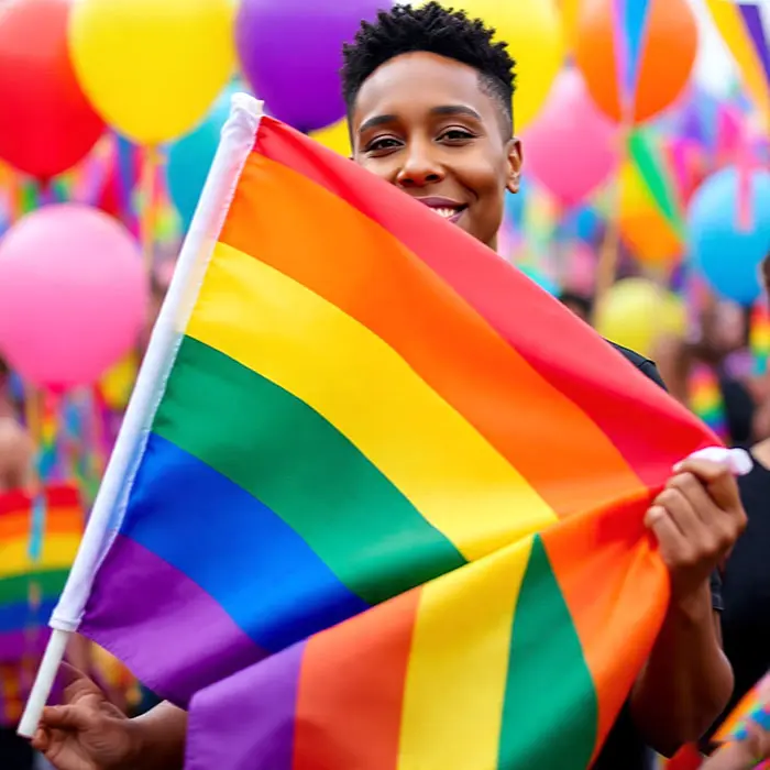 LGBTQ+ individual embracing identity at a pride event, overcoming self-punishment