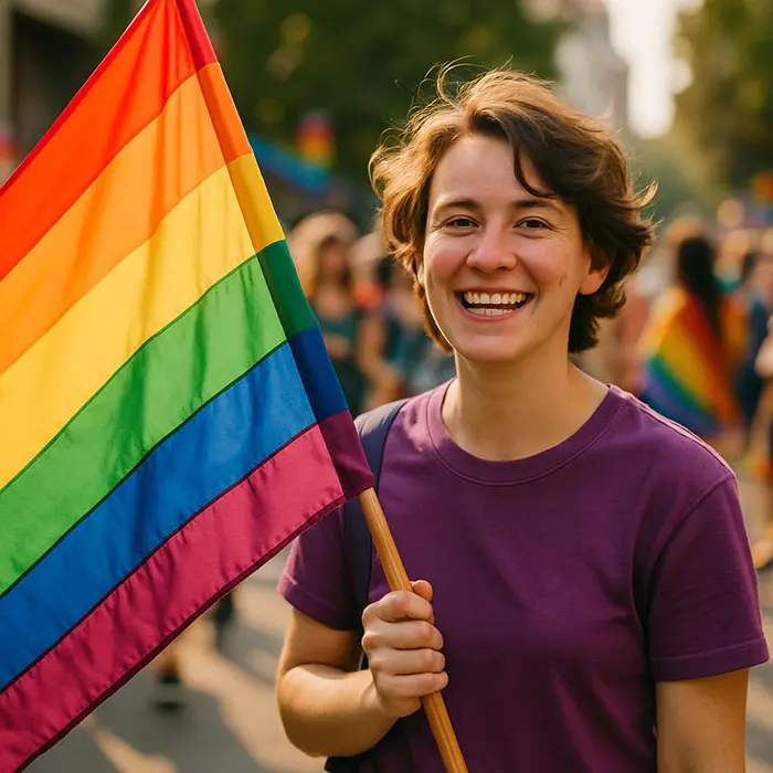 LGBTQ+ individual embracing their purpose at a community event