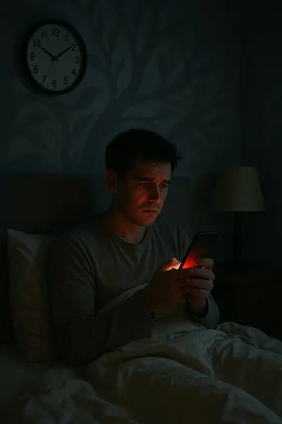 Late-night doomscrolling in bed, phone glow illuminating anxious expression amid dark room shadows