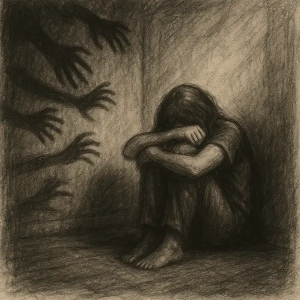 Lone figure shadowed by reaching hands, red flags of persistent resentment and isolation in chronic emotional caretaking burnout.