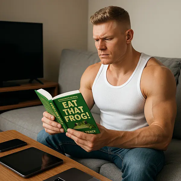 Man enjoying digital detox, reading "Eat That Frog" book on couch after turning off phone, tablet, laptop, and TV. Symbolizes building awareness and breaking