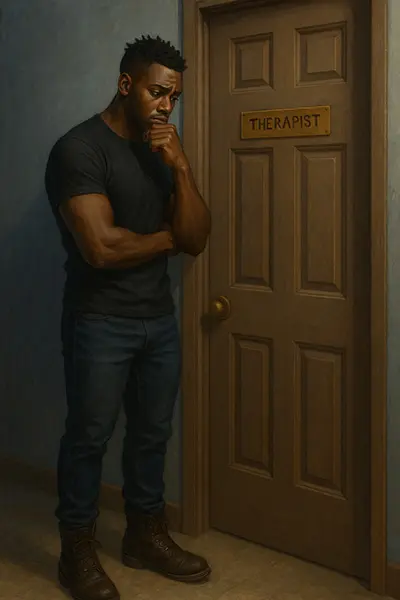 Man hesitating outside therapist office door, unsure about starting therapy. Represents anxiety about seeking mental health counseling and recognizing warning signs.