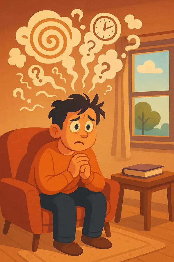 Mind racing in silence? Cartoon of uneasy thoughts bubbling up common sign of quiet discomfort and tips to calm it down.