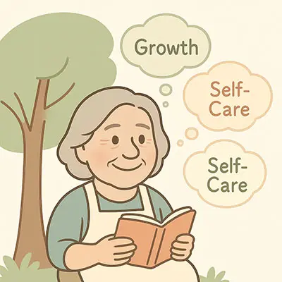 Minimal infographic character reading under a tree symbolizing mental wellness and self-care mission.webp