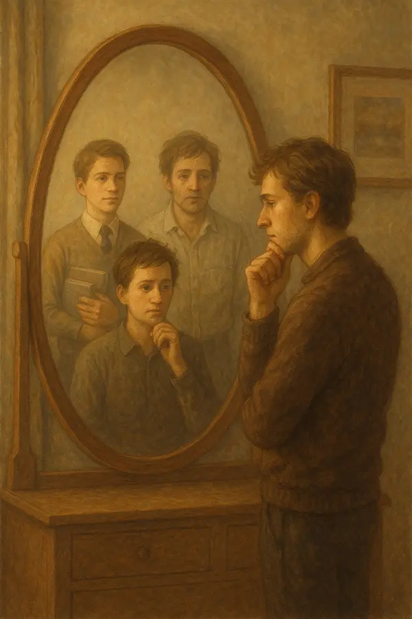 Mirror reflecting past ambitious self, capturing the personal grief of letting go during growth do you miss who you were?