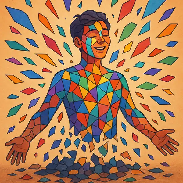 Mosaic integration of past lessons, accepting without judgment blending old and new in growth grief.