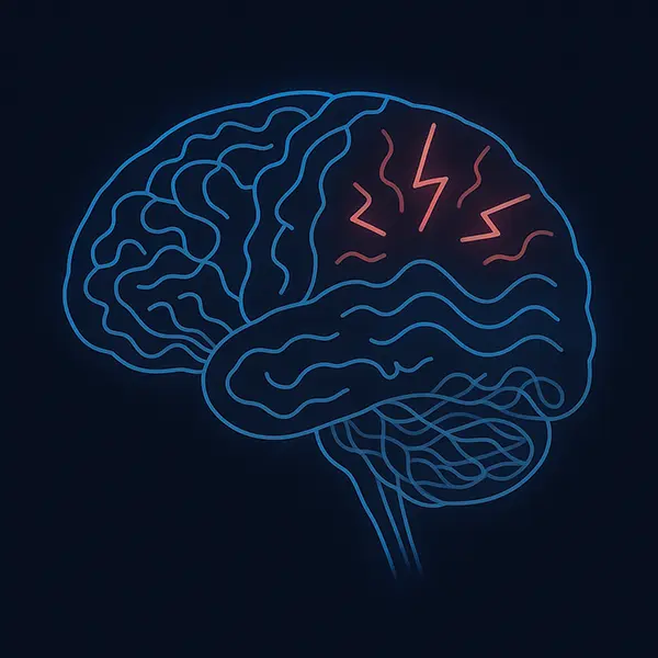 Neon brain with tangled stress wires, studies on nervous system impact from emotional labor in caretaking burnout.