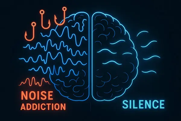 Noise addiction brain waves sci-fi scan showing buzz hooks vs. silent calm for mental health insights.