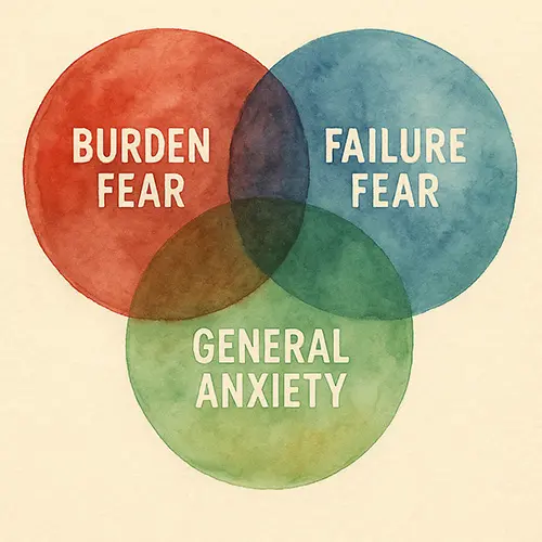 Overlapping fears in watercolor, comparing burden anxiety to failure or general worry overcoming without shame