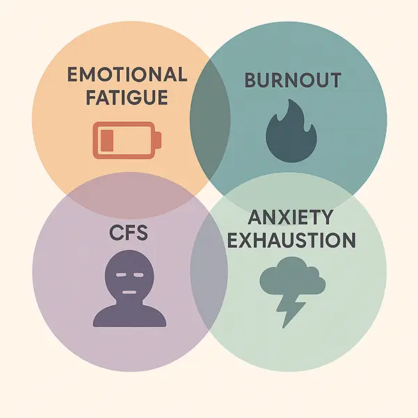 Overlapping issues How emotional fatigue stacks up against burnout, CFS, and anxiety spot the differences to get the right help