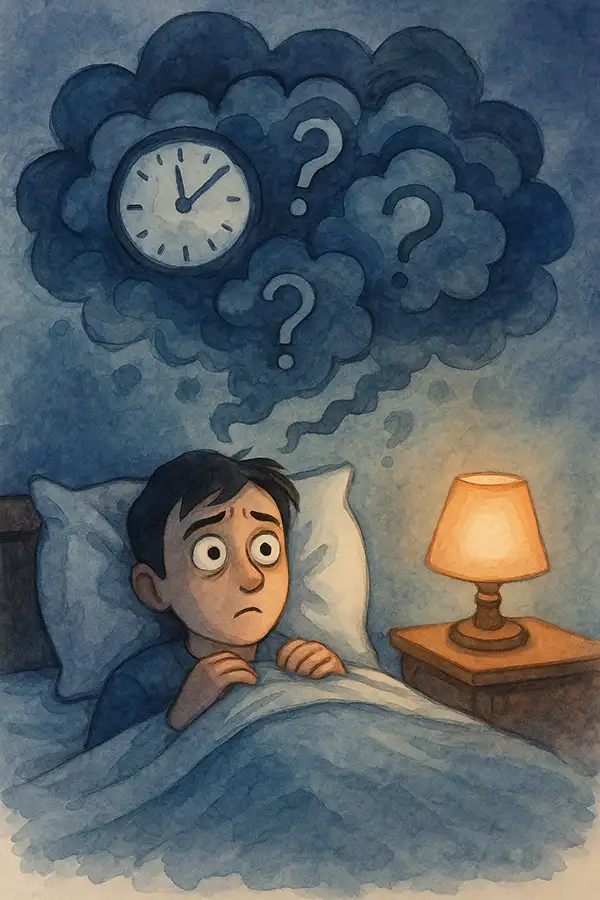 Overthinking at night vs. silence unease watery thoughts storming a restless mind, spot the diff for better calm.