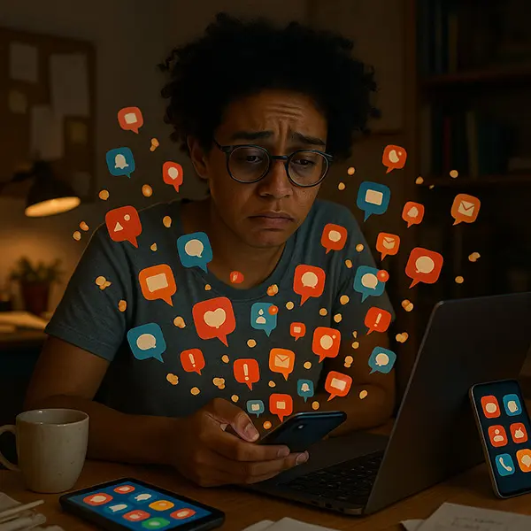 Overwhelmed person amid digital screens and notifications, highlighting signs of information overload and mental fatigue