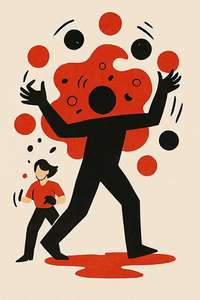 Perfectionist juggling burdens, highlighting caregiving roles in fear of asking for help without shame