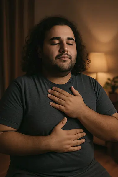 Person calming mind with deep breathing, keyword: relaxation techniques