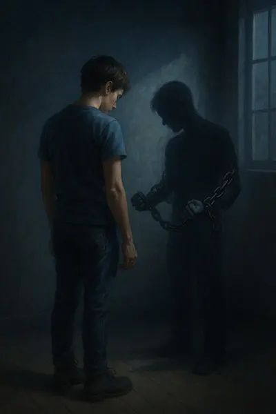 Person chained by shadow fears, representing the hidden burden of not asking for help why am I scared of being a burden?