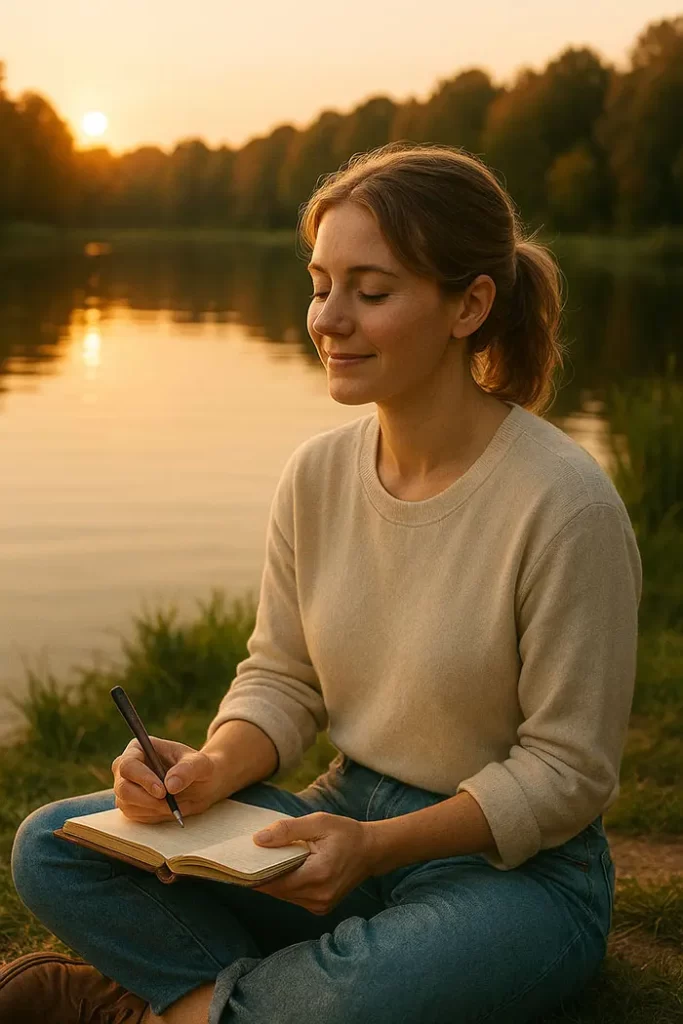 Person embracing authentic growth by a serene lake at sunset