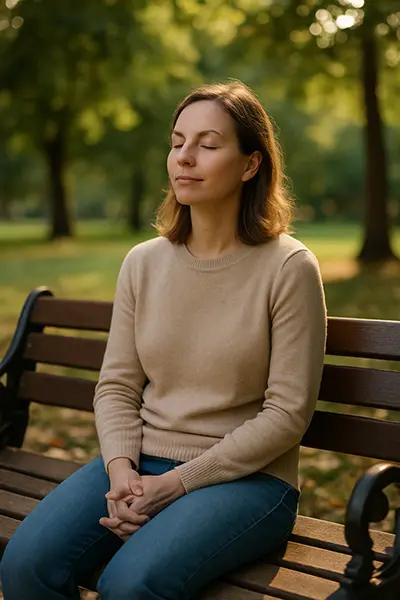 Person embracing quiet moment in nature, building tolerance for boredom away from screens to reduce overstimulation