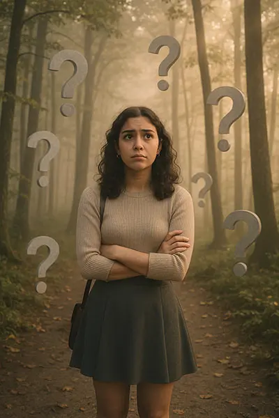 Person facing uncertainty with question marks, keyword: tolerate uncertainty