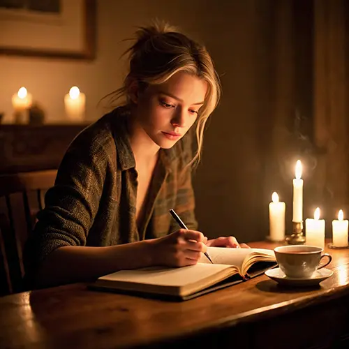 Person journaling for self-care at a cozy wooden desk with candles
