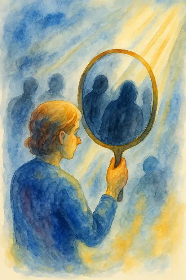Person mirroring past patterns for awareness in healing emotional caretaking burnout.
