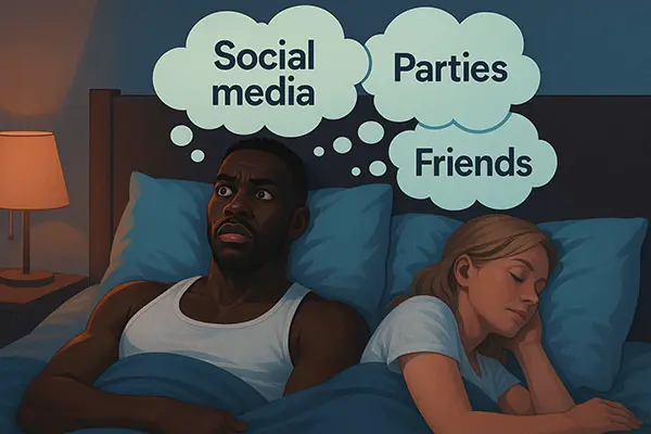 Person overthinking at night, keyword: racing thoughts