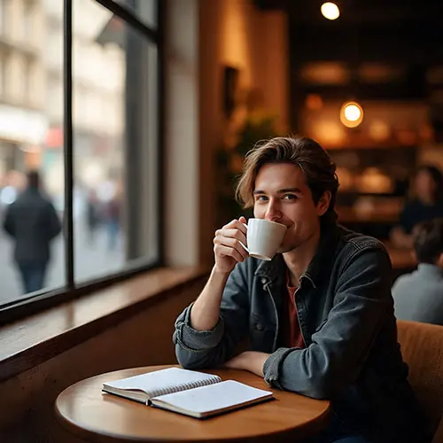 Person practicing self-care with coffee and journaling at a sunny cafe