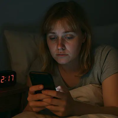 Person scrolling phone late at night, keyword: digital overload sleep
