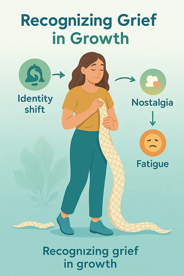 Person shedding old self like snake skin, symbolizing grieving past versions amid personal growth